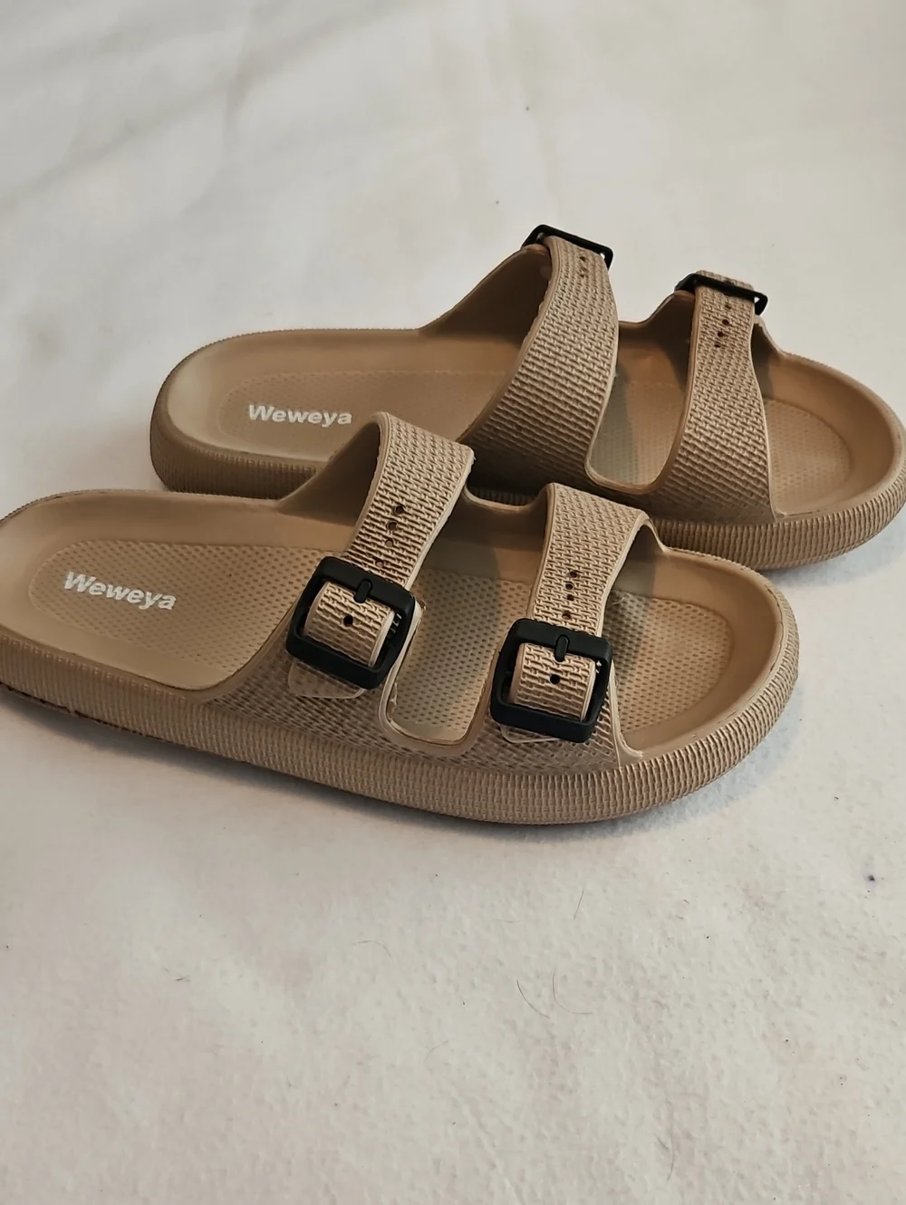 Weweya Two-Buckle Slide Sandals in Beige